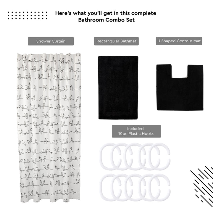 Polyester Blackbirds Combo Shower Curtain + Bathmat (Pack of 3)