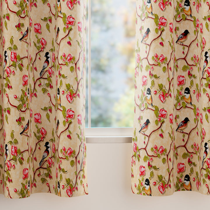 Blackout Polyester Pale Gold Birds Curtain (Pack of 2)