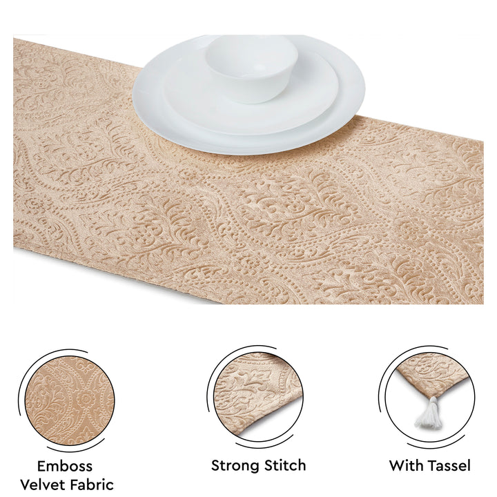 Embossed Velvet Beige Table Runner
