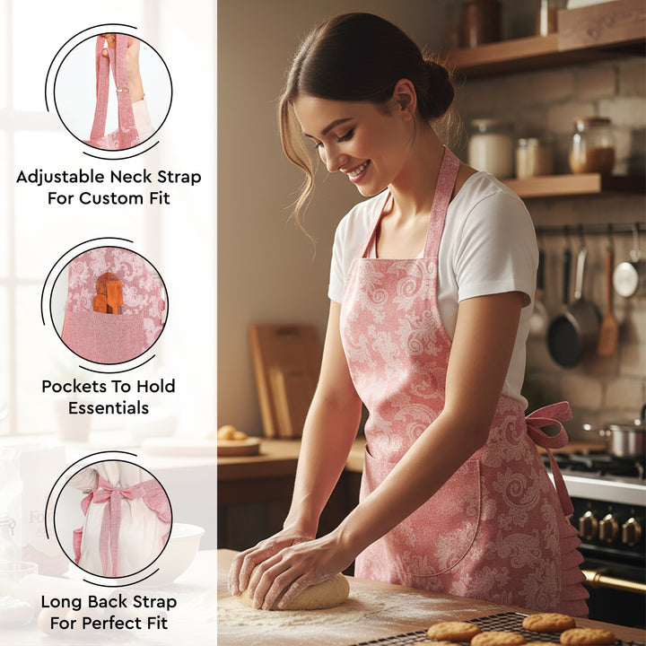 Cotton Floral Red Apron + Oven Glove + Pot Holder (Pack of 3)