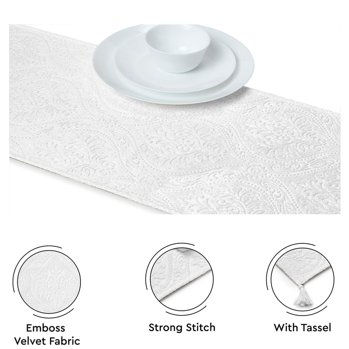 Embossed Velvet White Table Runner
