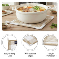 Cotton Buffalo Beige Checks Apron + Oven Glove + Pot Holder (Pack of 3)