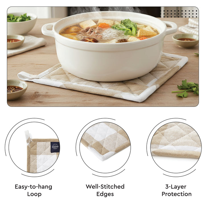 Cotton Buffalo Beige Checks Apron + Oven Glove + Pot Holder (Pack of 3)