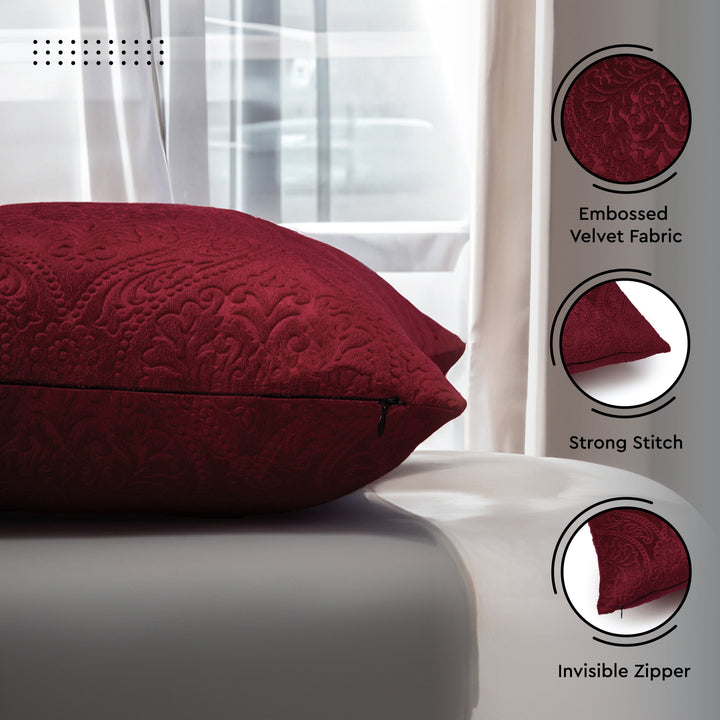 Embossed Velvet Maroon Cushion Cover (Pack of 2)