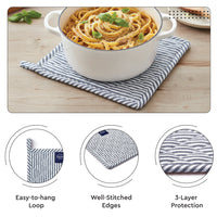 Cotton Ticking Navy Blue Apron + Oven Glove + Pot Holder (Pack of 3)