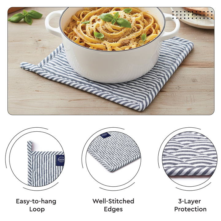 Cotton Ticking Navy Blue Apron + Oven Glove + Pot Holder (Pack of 3)