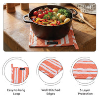 Cotton Franca Orange Stripes Apron + Oven Glove + Pot Holder (Pack of 3)