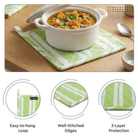 Cotton Franca Lime Stripes Apron + Oven Glove + Pot Holder (Pack of 3)