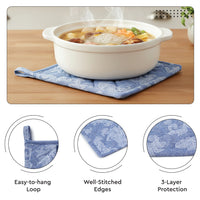 Cotton Floral Blue Apron + Oven Glove + Pot Holder (Pack of 3)
