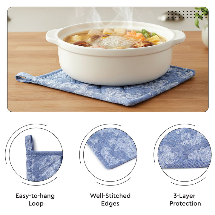 Cotton Floral Blue Apron + Oven Glove + Pot Holder (Pack of 3)