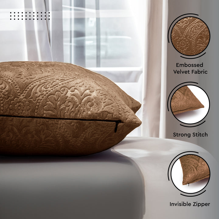Embossed Velvet Coffee Cushion Cover (Pack of 2)