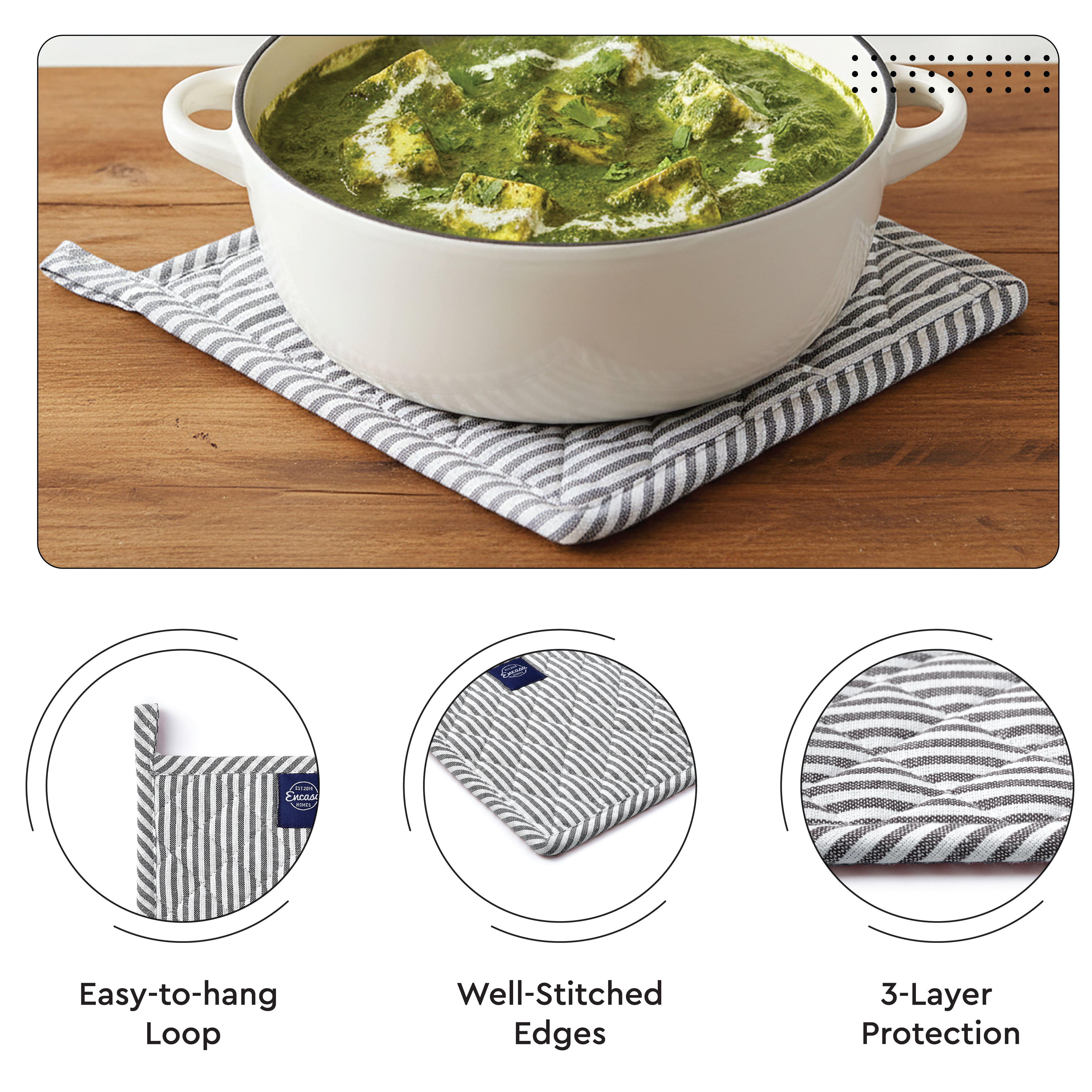 Cotton Ticking Black Apron + Oven Glove + Pot Holder (Pack of 3)