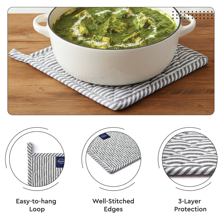 Cotton Ticking Black Apron + Oven Glove + Pot Holder (Pack of 3)