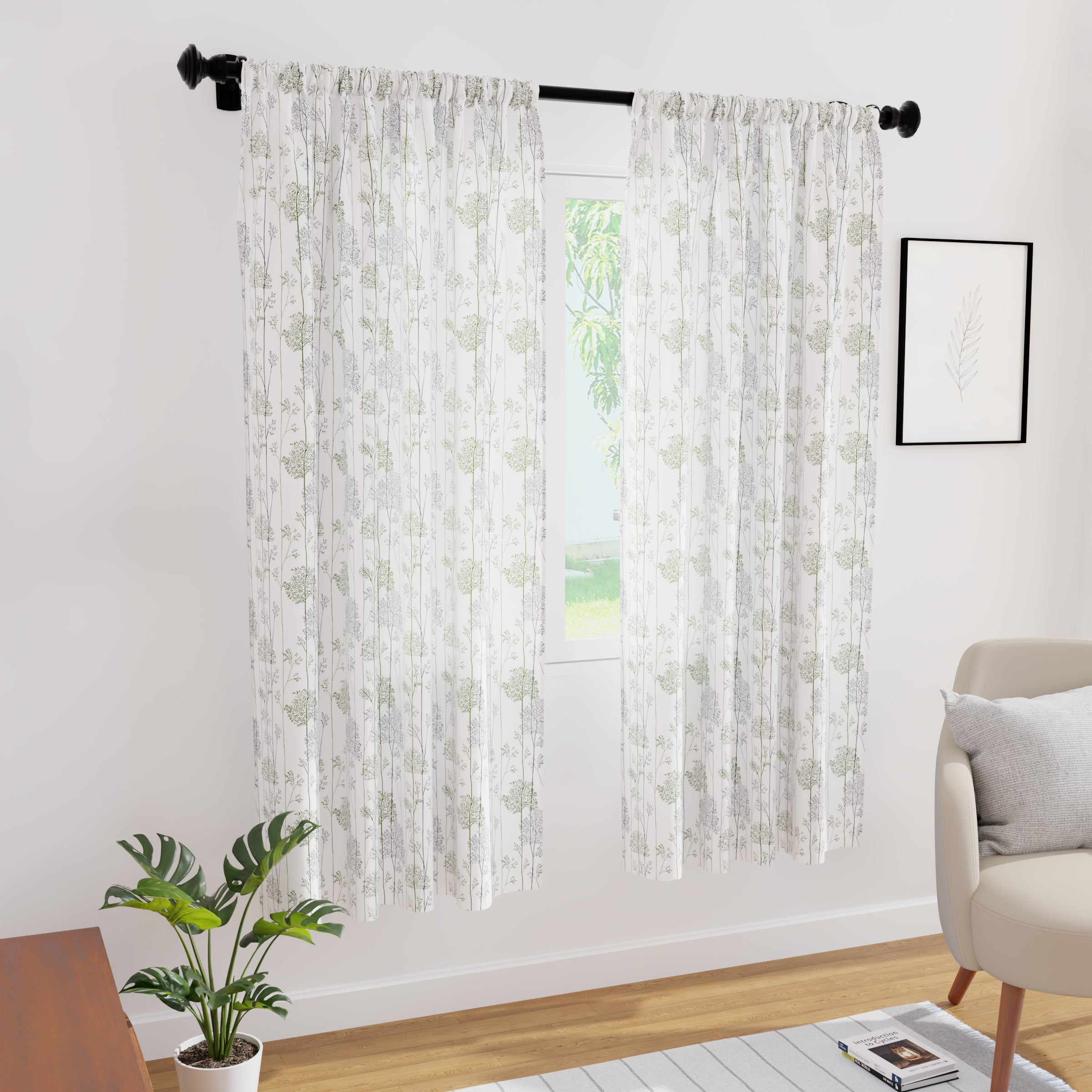 Polyester Branches Green Curtain (Pack of 2)
