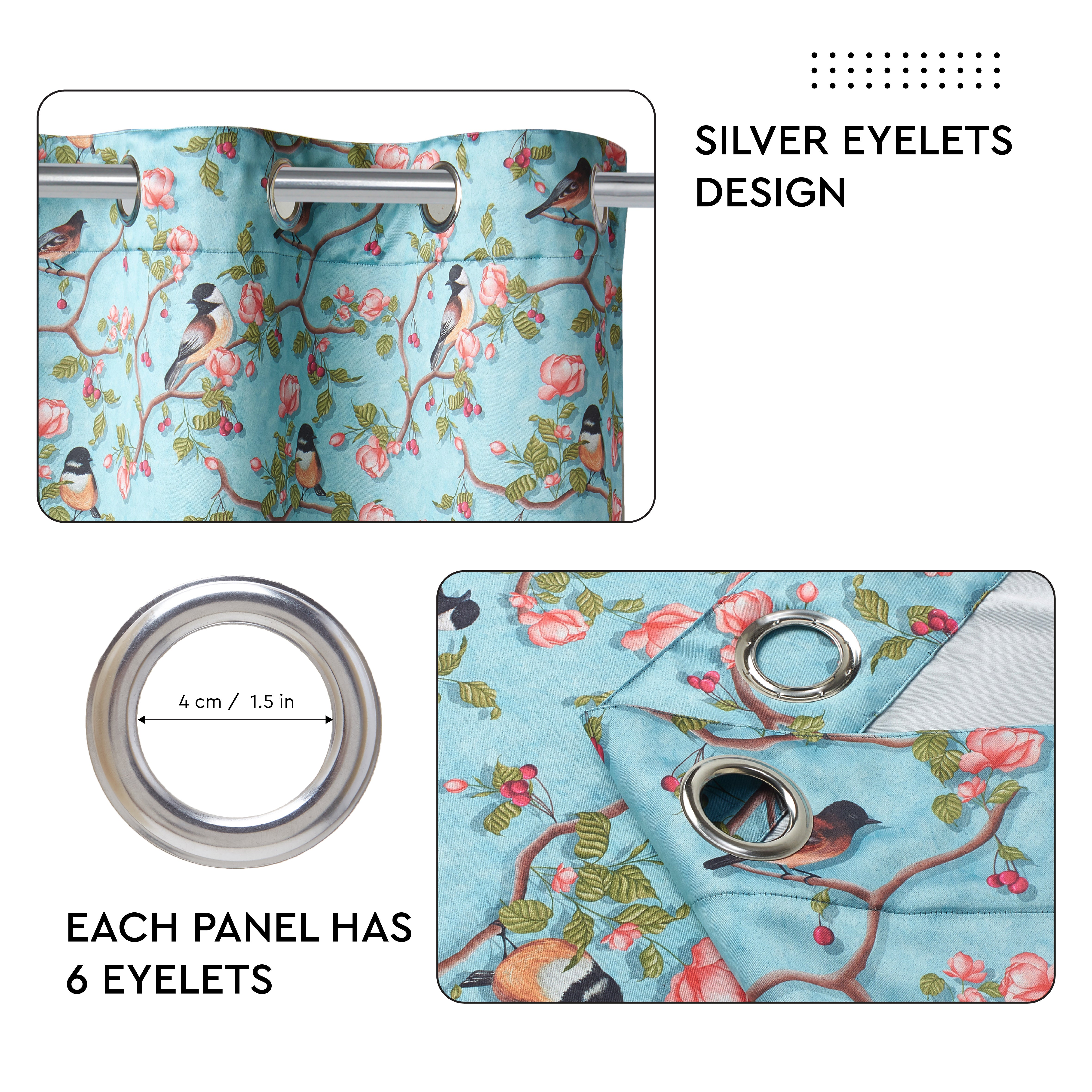 Blackout Polyester Sky Blue Birds Curtain (Pack of 2)