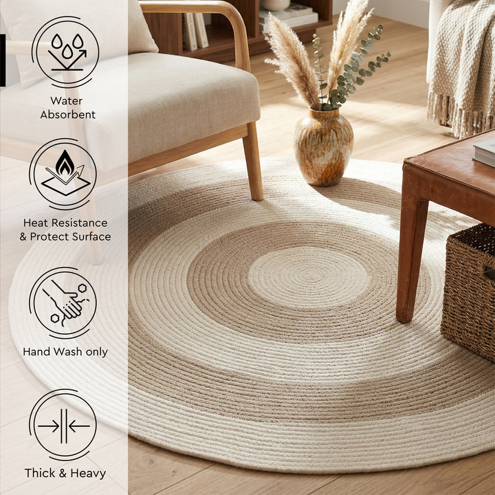 Reversible Round Rug Handwoven Natural Fiber Carpet Braided Area Rug | Neutral Boho Rug for Living Room, Bedroom, Nursery | Washable Area Rug Two Tone