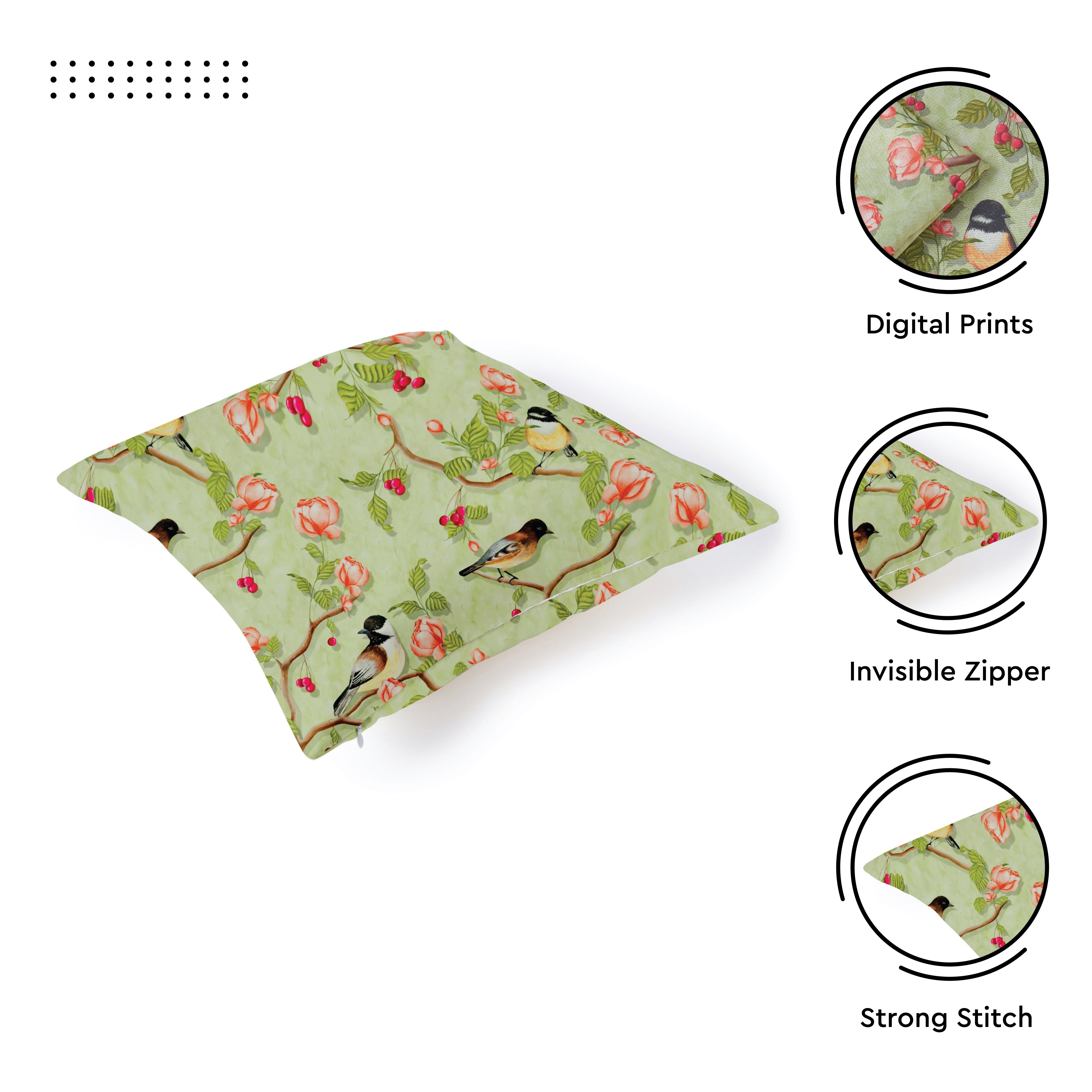 Blackout Polyester Sage Green Birds Cushion Cover