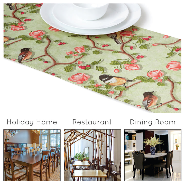 Blackout Polyester Sage Green Birds Table Runner (Pack of 1)