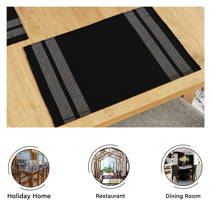 Cotton Ladder Black Table Runner+Placemat (Pack of 7)