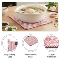 Cotton Ticking Red Apron + Oven Glove + Pot Holder (Pack of 3)