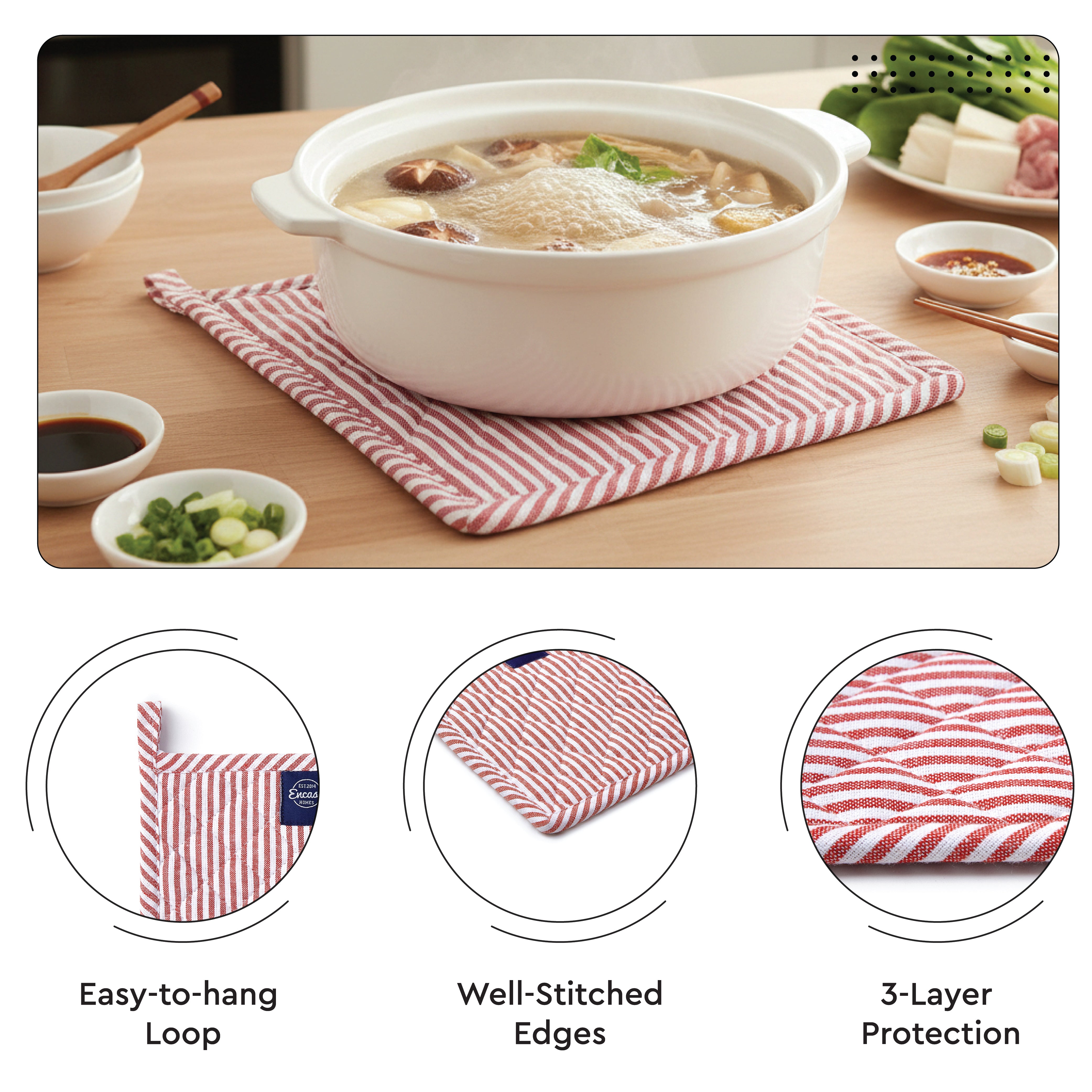 Cotton Ticking Red Apron + Oven Glove + Pot Holder (Pack of 3)