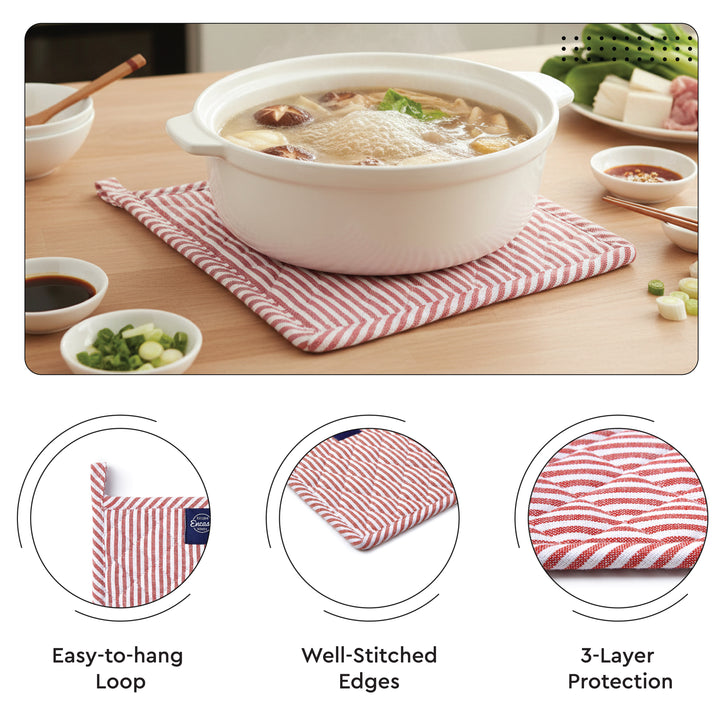 Cotton Ticking Red Apron + Oven Glove + Pot Holder (Pack of 3)