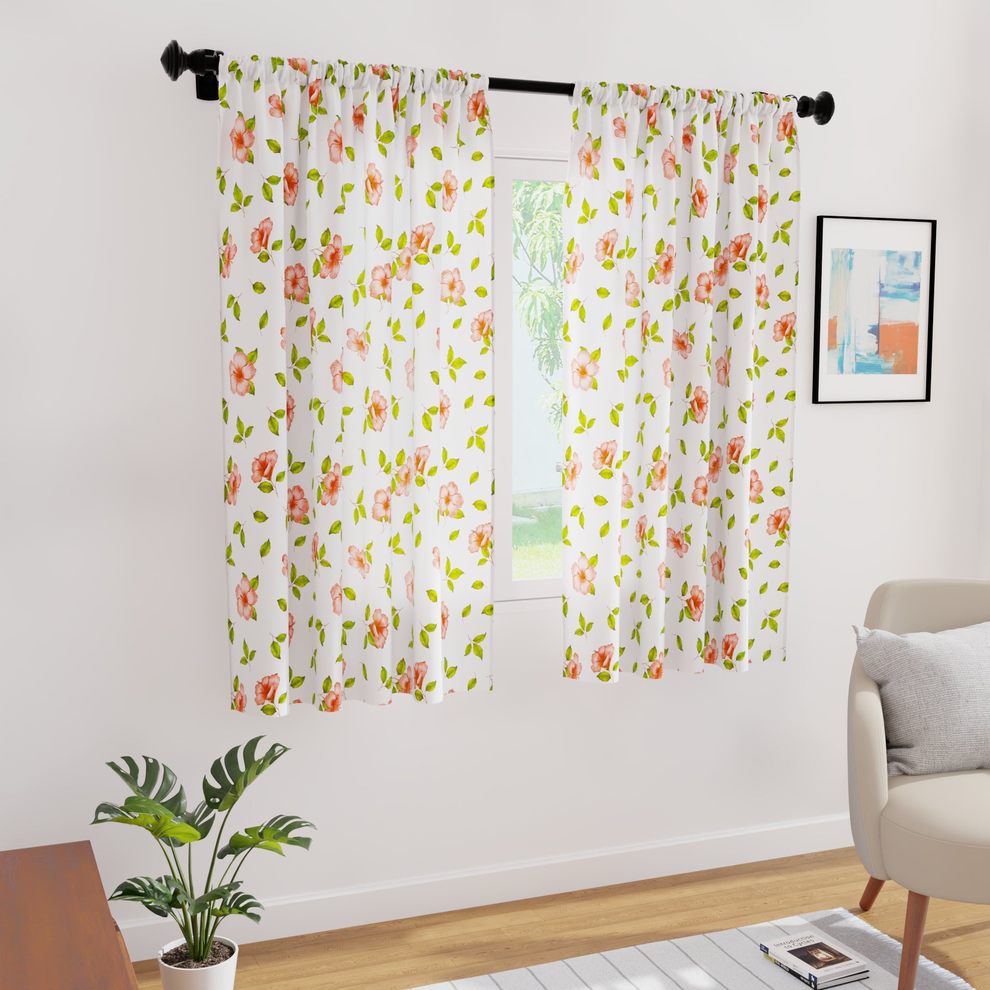 Polyester Hibiscus Curtain (Pack of 2)