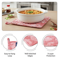 Cotton Floral Red Apron + Oven Glove + Pot Holder (Pack of 3)