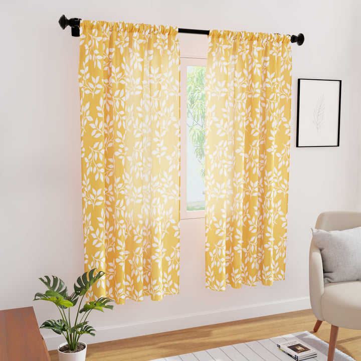 Polyester Reverse Leaf Yellow Curtain (Pack of 2)