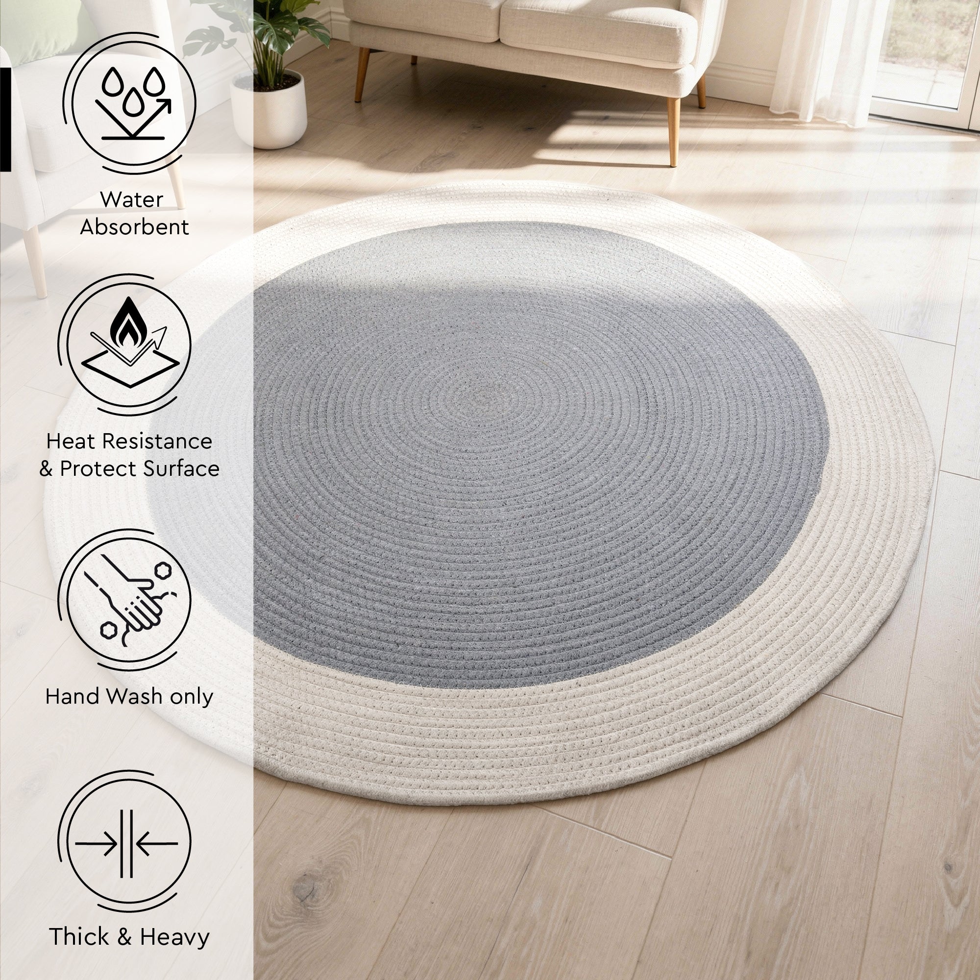 Reversible Round Rug Handwoven Natural Fiber Carpet Braided Area Rug | Neutral Boho Rug for Living Room, Bedroom, Nursery | Washable Area Rug Two Tone