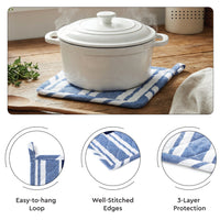 Cotton Franca Blue Stripes Apron + Oven Glove + Pot Holder (Pack of 3)