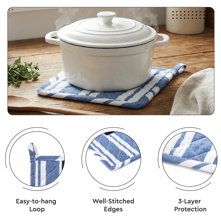 Cotton Franca Blue Stripes Apron + Oven Glove + Pot Holder (Pack of 3)