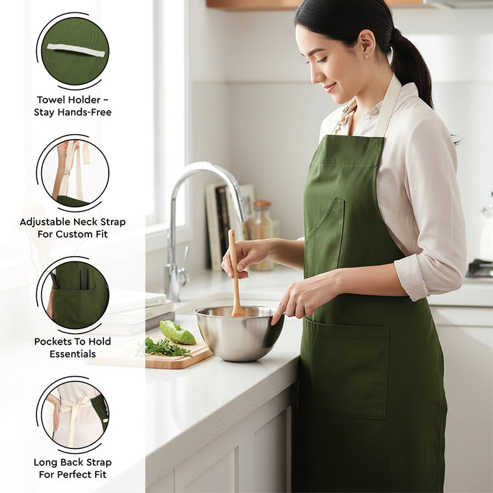 Cotton Leaf Green Apron + Oven Glove + Pot Holder (Pack of 3)