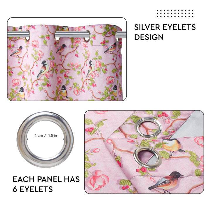 Blackout Polyester Dusty Pink Birds Curtain (Pack of 2)