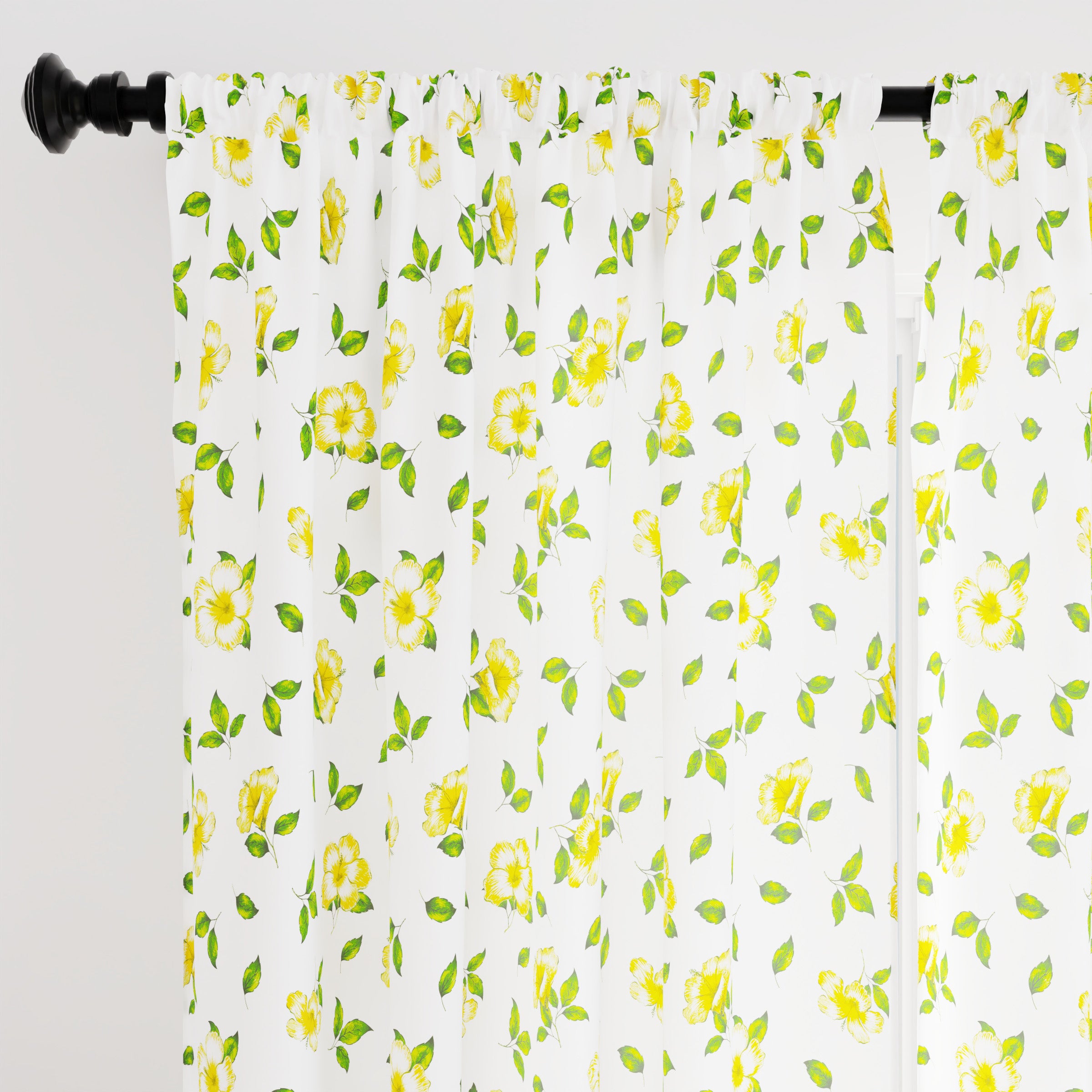Polyester Hibiscus Yellow Curtain (Pack of 2)