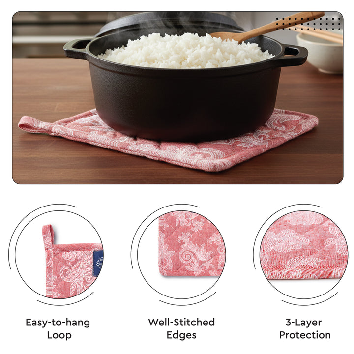 Cotton Floral Red Oven Glove & Pot Holder