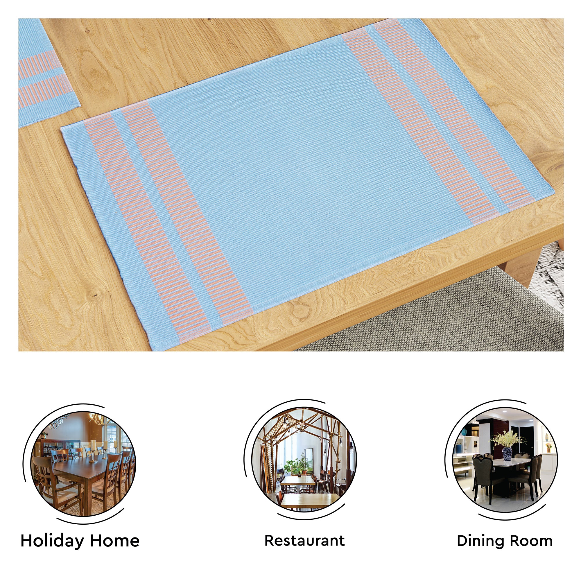 Cotton Ladder Blue Table Runner+Placemat (Pack of 5)