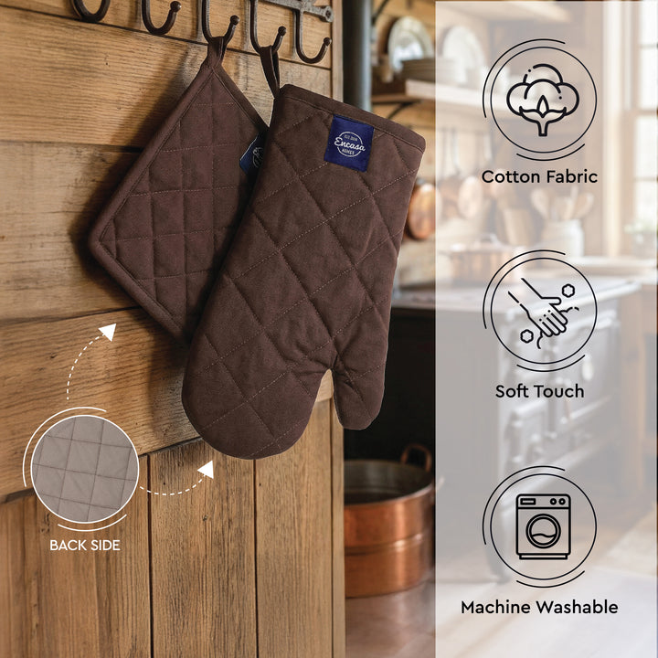 Cotton Dark Taupe & Beige Oven Glove & Pot Holder