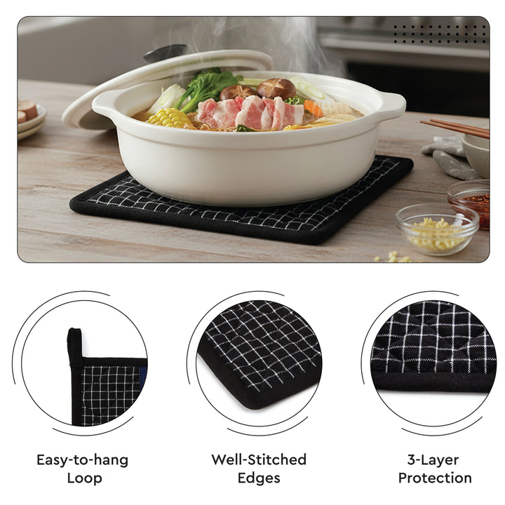 Cotton Butcher Checks Black Apron + Oven Glove + Pot Holder (Pack of 3)