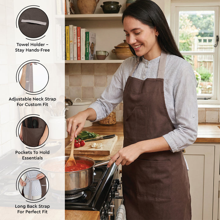 Cotton Dark Taupe & Beige Apron + Oven Glove + Pot Holder (Pack of 3)