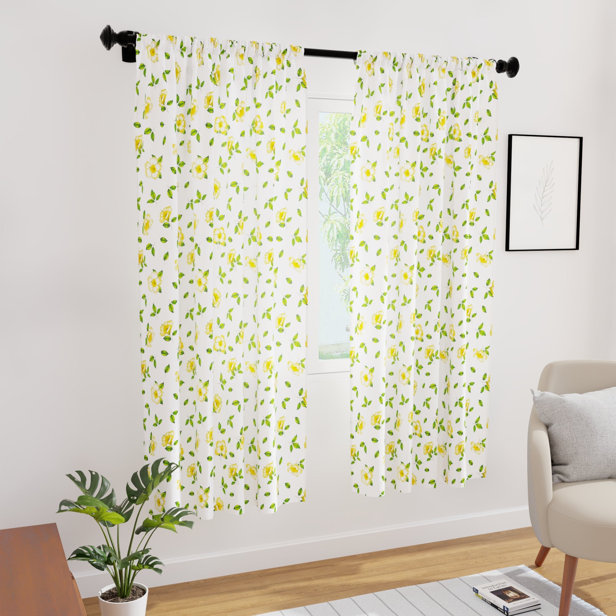 Polyester Hibiscus Yellow Curtain (Pack of 2)