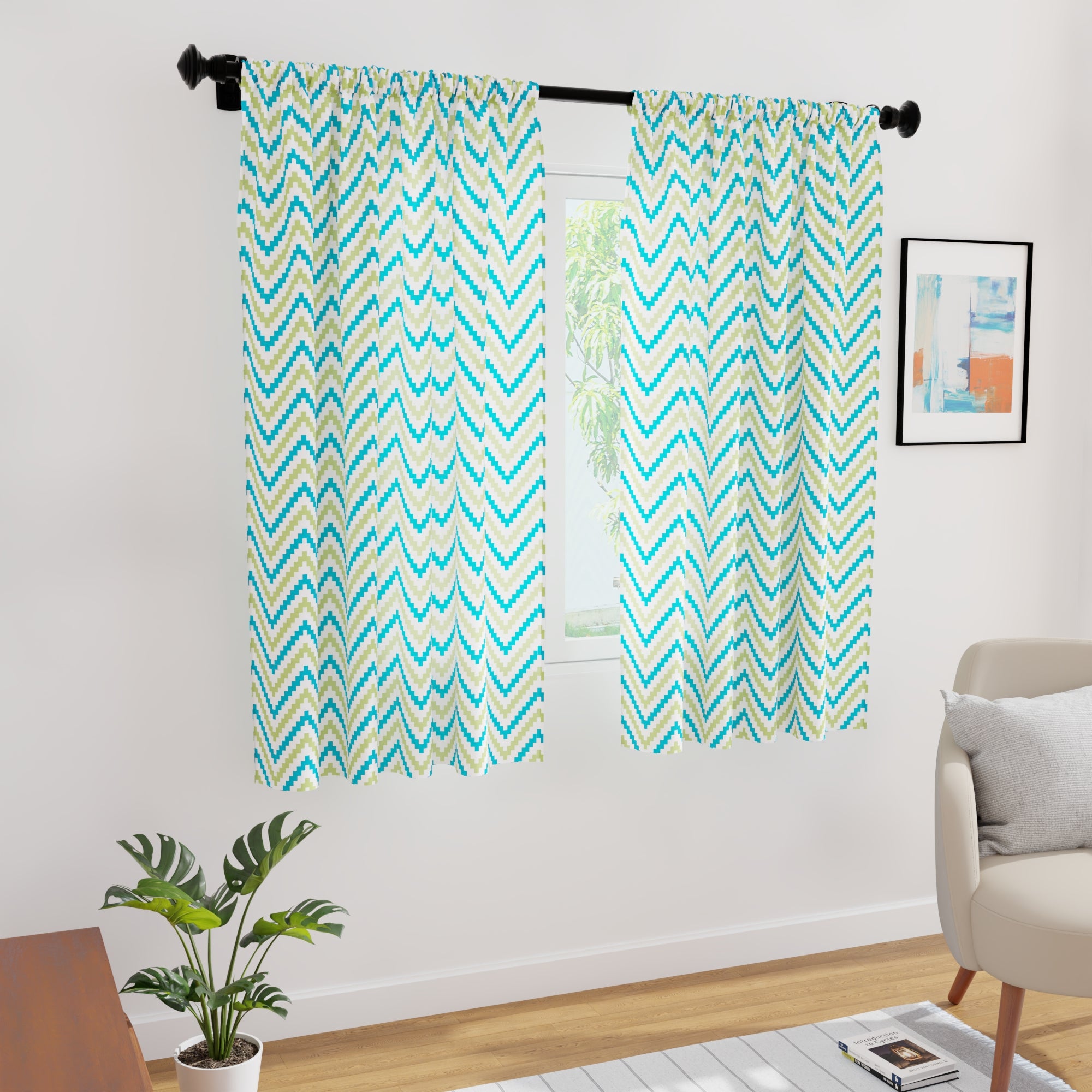 Polyester Chevron 1 Green Curtain (Pack of 2)