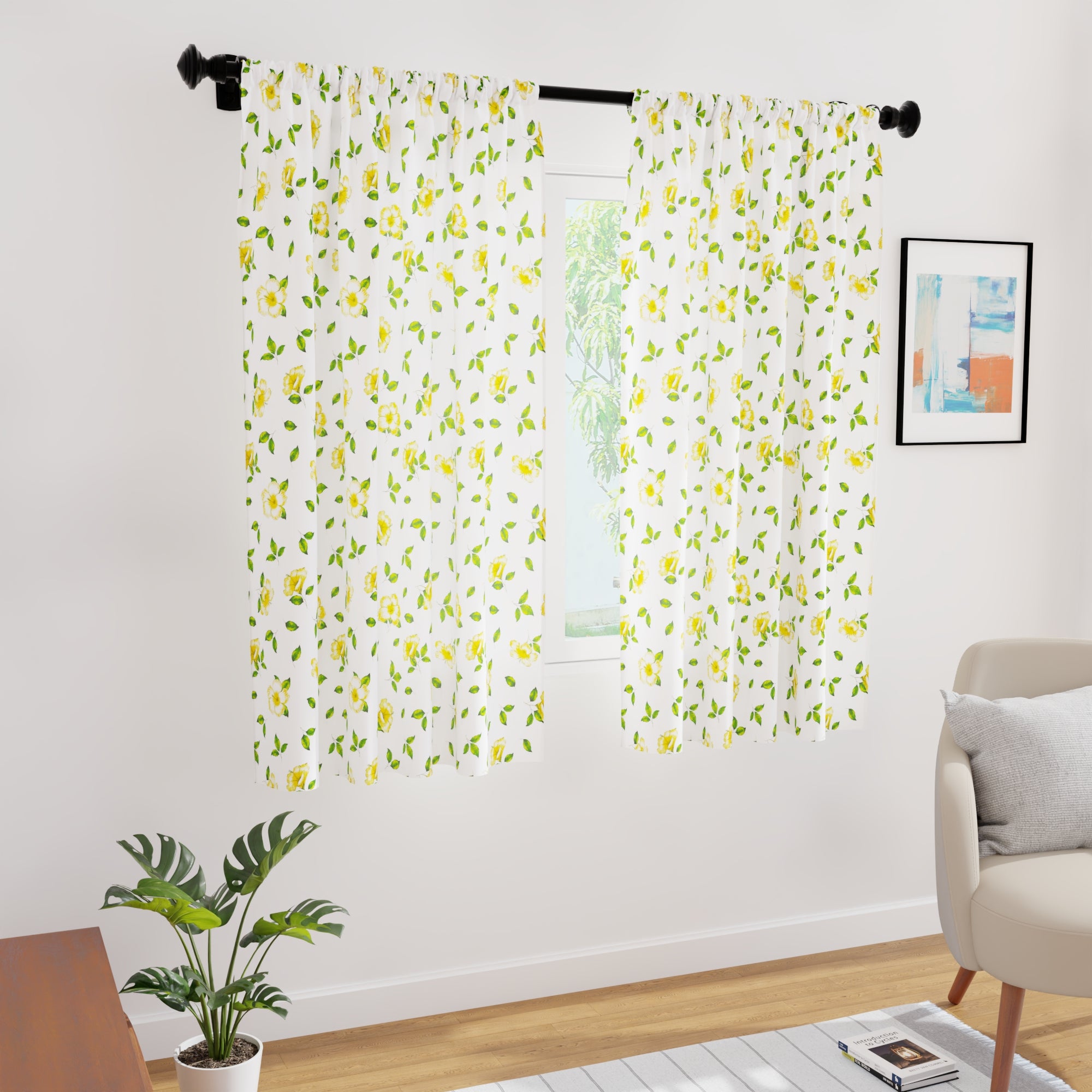 Polyester Hibiscus Yellow Curtain (Pack of 2)