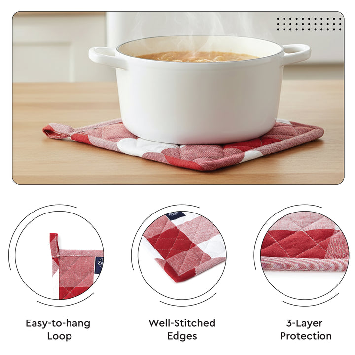 Cotton Buffalo Red Checks Apron + Oven Glove + Pot Holder (Pack of 3)