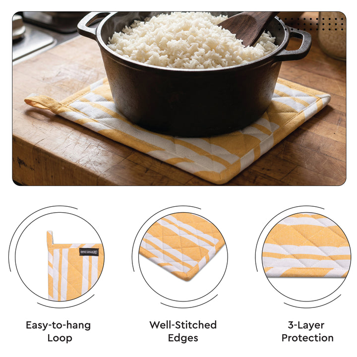 Cotton Franca Yellow Stripes Apron + Oven Glove + Pot Holder (Pack of 3)