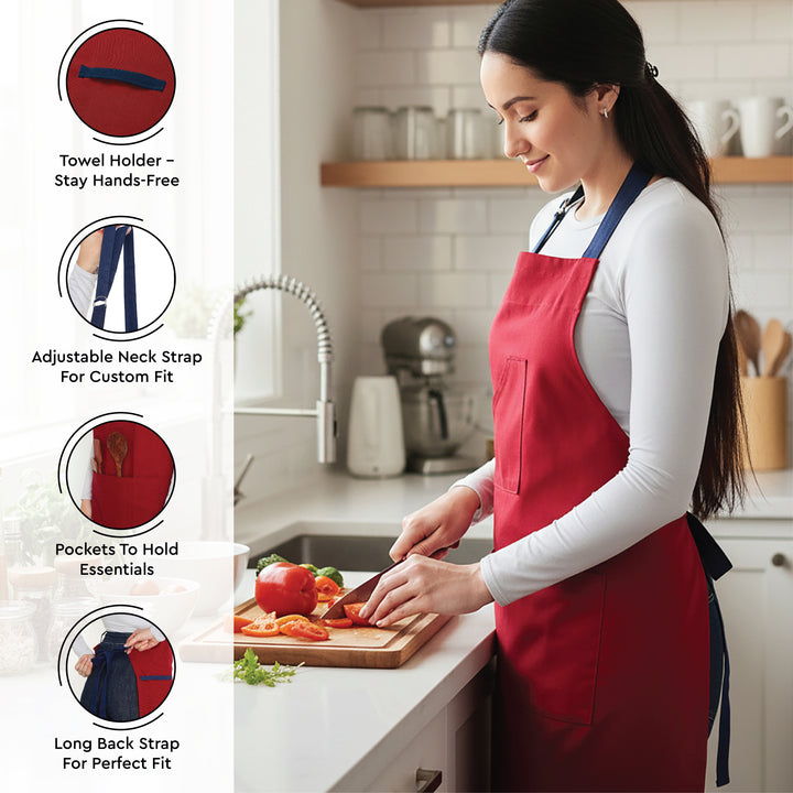 Cotton Red Apron + Oven Glove + Pot Holder (Pack of 3)