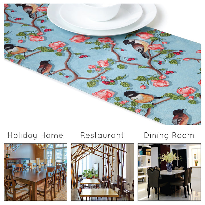 Blackout Polyester Sky Blue Birds Table Runner (Pack of 1)