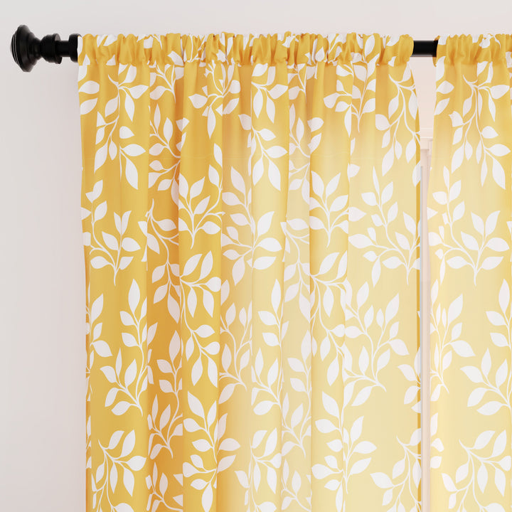 Polyester Reverse Leaf Yellow Curtain (Pack of 2)