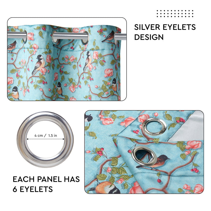 Blackout Polyester Sky Blue Birds Curtain (Pack of 2)