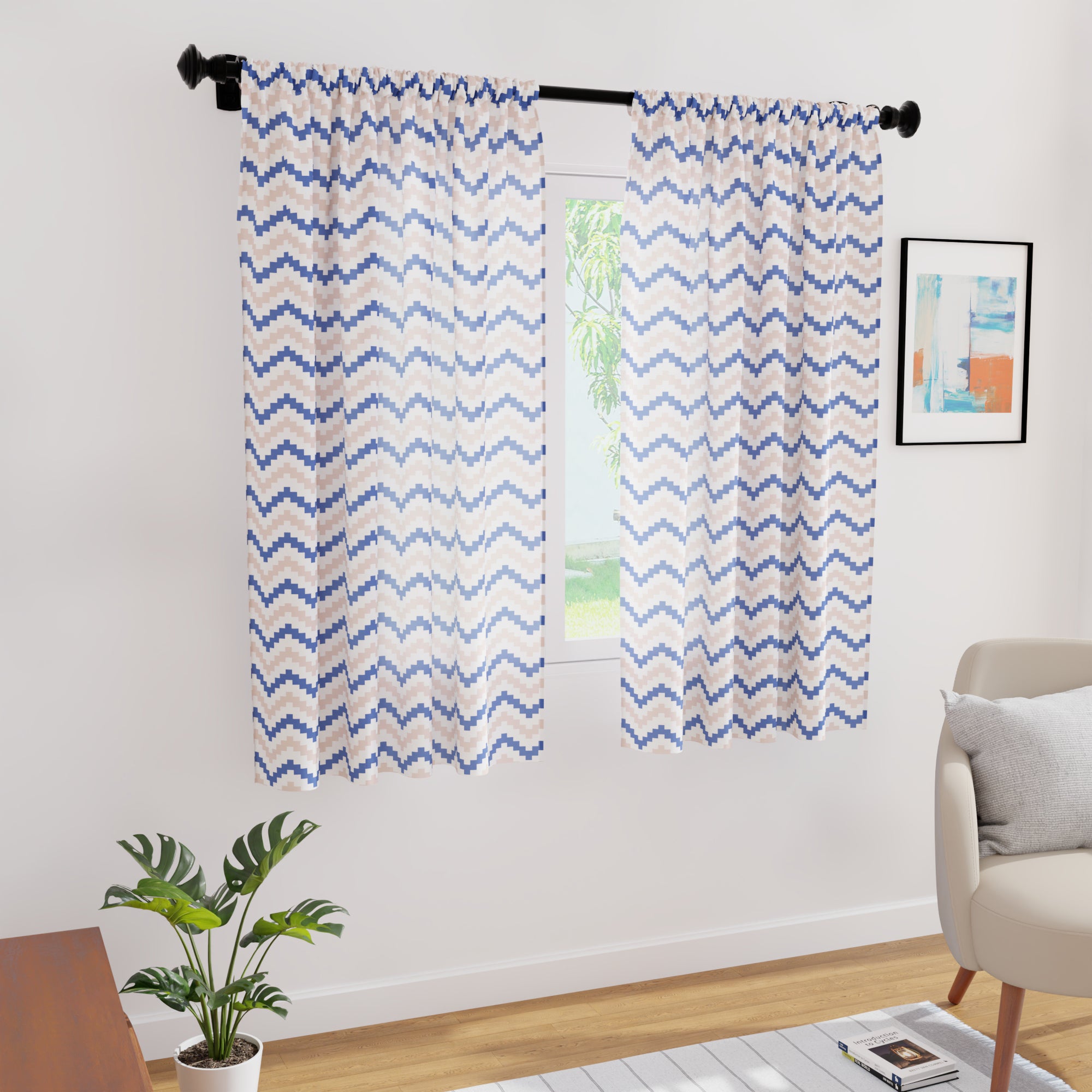 Polyester Chevron Blue Curtain (Pack of 2)